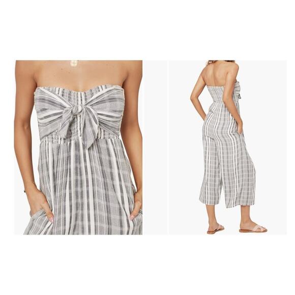 L*Space Riri Strapless Wide‑Leg Jumpsuit XS Gray White Stripe Smocked tie - Picture 1 of 15